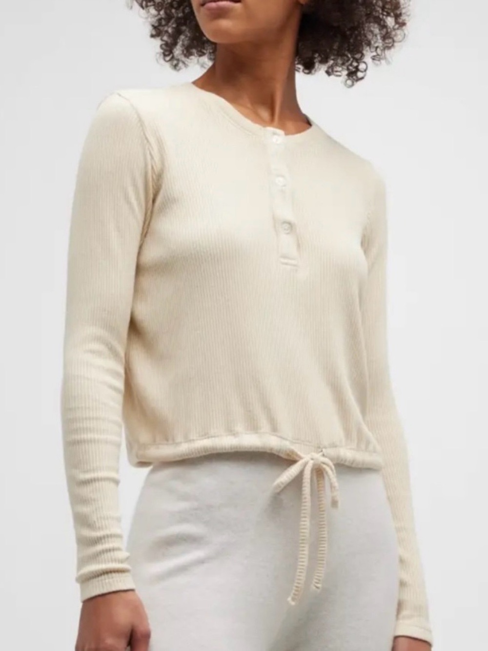 Monrow Rib Henley Top w/ Waist Tie Long-Sleeve, Cream, Made in USA Size Small
